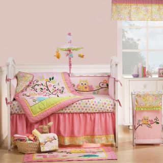 Pink Owl, Tree, and Forest Animals Baby Girl Nursery 8pc Crib Bedding 