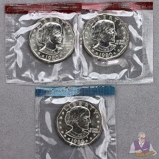 1981 P+D+S Susan B Anthony Dollars 3 Coin Set (In Mint Cello) BU