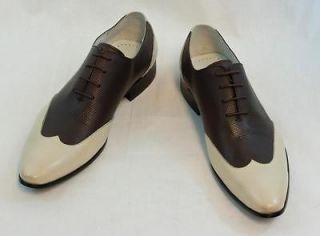 New Encore Dress Shoes by Fiesso Beige/Coffee Wingtip Leather, FI3046
