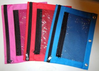 RED 2 POCKET PENCIL POUCH ZIPPERS & MESH 3 RING BINDERS METAL GROMMETS 