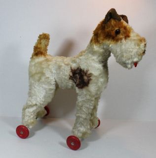   Tall Stuffed Dog On Wheels ♥ Pull Toy ♥ Vtg Wire Hair Fox Terrier