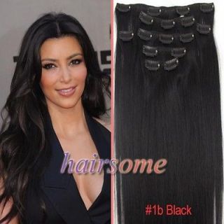   7pcs 15 Clip In Straight Remy Human Hair Extensions #1b Black 70g HSM