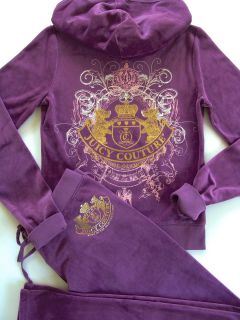Juicy Couture Purple Velour Scotty Crest Tracksuit Hoodie Pants S 