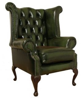 Chesterfield Queen Anne High Back Wing Chair Antique Green Leather 