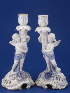   Antique Fine German Porcelain Cherub Candlesticks Blue/White Figurine