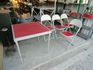 Vintage Red Hampden Specialty Card Table + 4 Matching Folding Chairs 