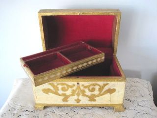   Florentine Vintage Tole Wood Jewelry Box Chest Trunk  Red Velvet