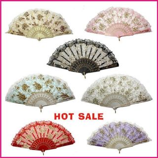   Embroidered folding Hand Fan lace cloth fans w/ golden roses 7 color