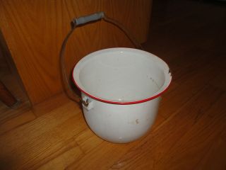VINTAGE WHITE WITH RED ENAMELWARE MILK/WATER PAIL WITH HANDLE