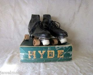 Hyde Roller Skates Antique Black Leather Wood Wheel Chicago Sz 9 1/2