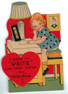 1930s Vintage Flat School Valentine WRITE Writing Desk Curly Blonde 