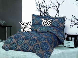 15PC Blue Paisley Zebra Animal Print Comforter Set w/Curtain KING Bed 