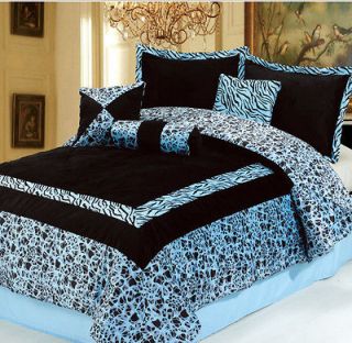 7PC NEW Blue Faux Fur Zebra Animal Print Comforter Set **KING **