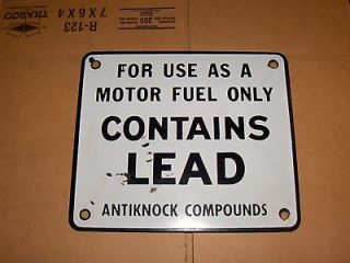 Vintage 1950s Gas Pump Porcelain Contains Lead Antiknock Metal Marker