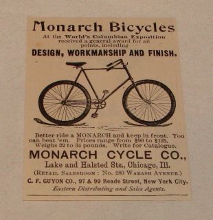 small 1894 MONARCH Bicycle Ad ~ Design, Workmanship