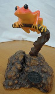   John Perry Tree Frog Sculpture Art Figurine Burl wood Orange Red Art