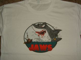 Jaws Shark Movie Bloody Mouth Boat Cartoon White T Shirt