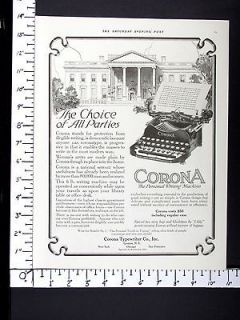 1916 CORONA No 3 Typewriter magazine Ad Personal Writing Machine 