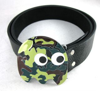 Vedio Game Camo Camouflage Green Pac man Ghost Buckle Genuine Leather 