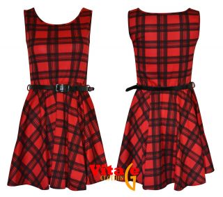 Womens tartan print sexy skater dress ladies check belted party dress 
