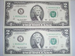 2003A $2 US Two Dollar Bill 3 Notes Consecutive Numbered Uncirculated 
