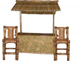 TIKI BAR 6 W/ 2 STOOLS NATURAL BAMBOO/WOOD W/BAMBOO ROOF IN/OUTDOOR 
