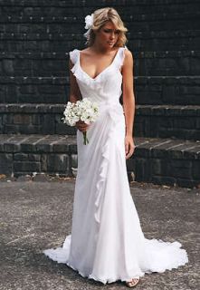 white chiffon beach Wedding bridal Dress party gown short sleeve Size 