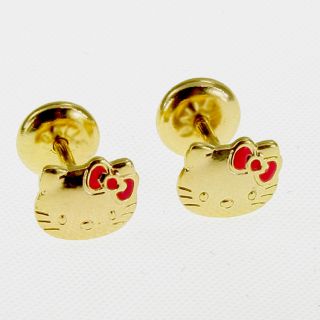 Gold 18k GF Pink Enamel Earrings Security Stud Hello Kitty Infants 