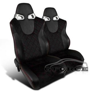 LEATHER SPEED RACING SEATS w/RED CHECKED STYLE STITCHING BLACK SUDED 
