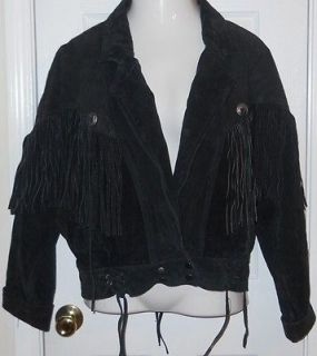 Womens Leather Fringe Jacket S 70s Hippie S Black Lined Biker East 