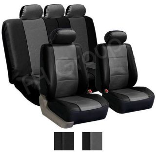 PU Leather Seat Covers W. 5 Headrests & Solid Bench Gray & Black (Fits 