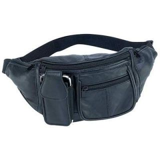 Black Solid Leather Fanny Pack 6 Pocket Travel Waist Belt Bag Cell 