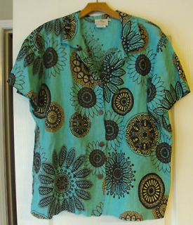 Hot Cotton Marc Ware Large Aqua Turquoise Brown Floral Short Sleeve 