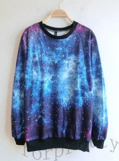 Womens Galaxy Space Starry Print long Sleeve Top Round T Shirt Jk1J