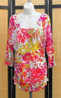 New CAbi Vibrant Roses 2011 Spring Ruched Square Neckline Tee Tunic 
