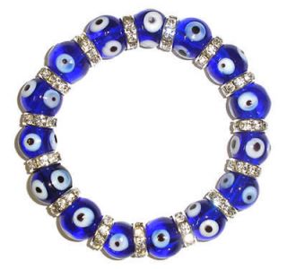 Dark Blue Glass Bead Evil Eye CZ Stretch Bracelet 12mm
