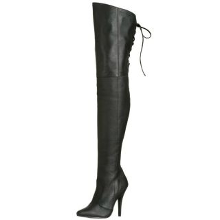 Pleaser HOT Thigh High Black Leather w/Lacing Corset Detail Stiletto 
