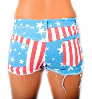 USA American Distress Stars and Stripes Flag Print Ripped Hotpant 