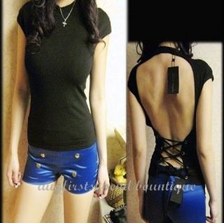 New Womens Sexy Backless Lace up Turtleneck T shirt Top