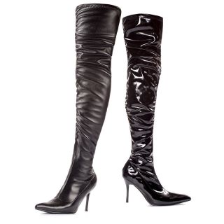 BLACK STRETCH FAUX LEATHER THIGH HIGH BOOTS SHOES MENS LADIES HEELS 