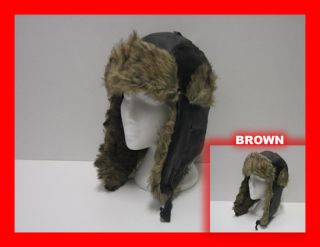   Faux Leather   Fur / Ear Flaps Padded Russian Trapper Hat Ski Cap