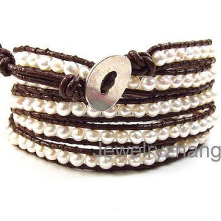   natural Fresh water Pearl 5 wrap bracelet on brown leather K01