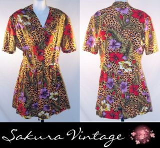 Vintage 80s Crop Top Shirt and Culottes Shorts Floral Bright Two Piece 