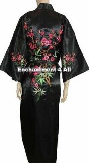   Floral Design Silk Satin Kimono Robe Sleepwear Long Waist Tie, Black