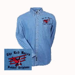 New Fokker Tri Plane WWI Fighter The Red Baron Embroidered Denim Shirt
