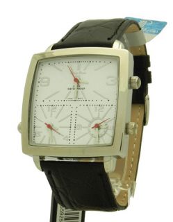 PHILIP PERSIO MENS WHITE DIAL TRIPLE TIME ZONE LEATHER STRAP WATCH 