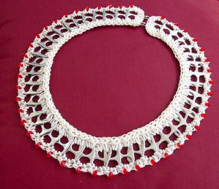 Aluminum soda pop pull tab necklace red beaded off white crochet 