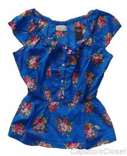 Abercrombie Womens Shirt MELANIE Top Peasant Floral Print Blue Sz L 