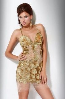 NEW NWT JOVANI Dainty Illusion Gold Sequin Short Prom Party Dress 3699 