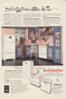 Kelvinator 1945 Vintage White Freezer/Refrig​erator Ad, Blue Kitchen